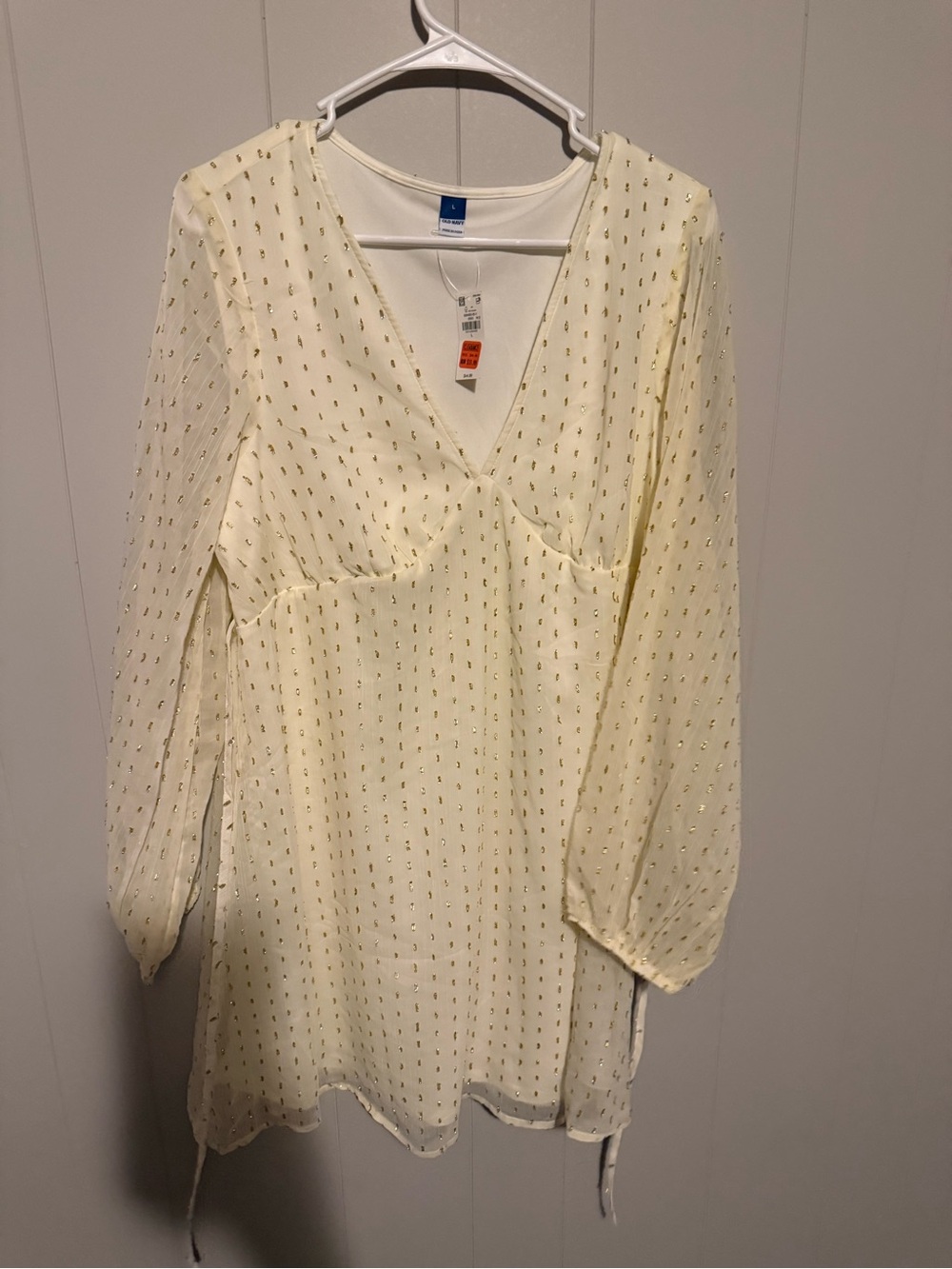 Old Navy Pale Yellow V-Neck Long Sleeve Tunic with Metallic Dot Detail